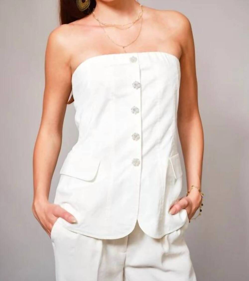 NEW BLUE B women's twill rhinestone button tube top in white